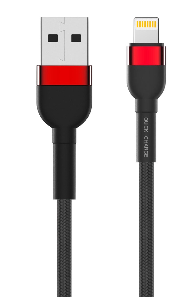 Iphone Kabel 2 meter sort flettet med røde konnektorer 