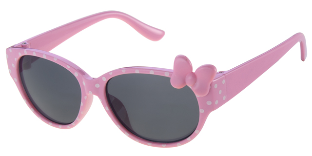 Childrens sunglass pink with white dots, pink bow tie, solid smoke lenses