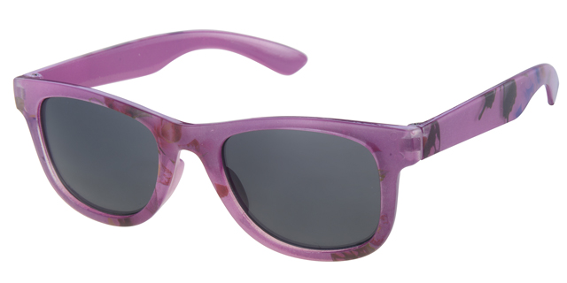 Children sunglasses  transparent, outside flower paper wrap, inside light purple with solid smoke lenses