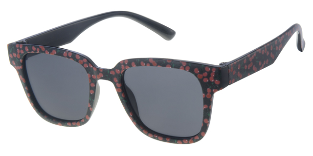 Childrens sunglass black, cherry paper transfer, smoke solid lenses