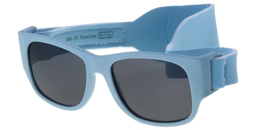 Childrens sunglass light blue with rubber touch and neck strap - solid smoke lenses