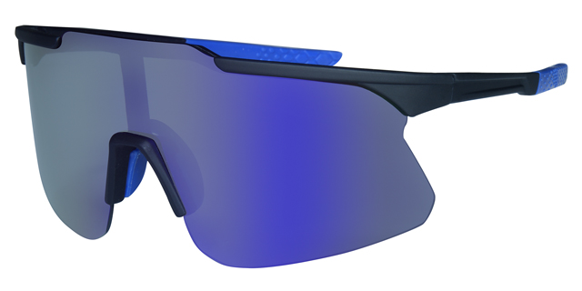 Sport black rubber touch frame, poly carbonated decentered lens, real blue revo