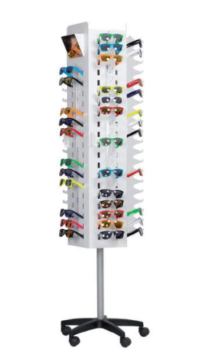 [gulv_100] Gulv Display hvid indendørs på hjul med plads til 100 briller på 4 sider